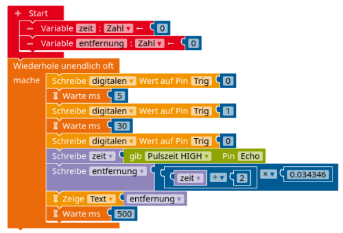 Programm zur Ermittlung des Abstands mit dem HC-SR04 (Erklärung im Text). orl-ultraschallsensor-manuell
