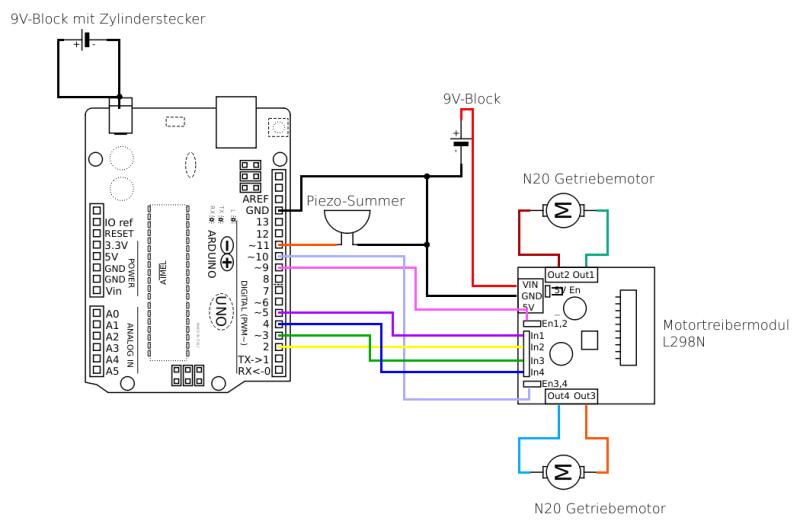 Schaltplan für die Motoren und den Piezo-Summer