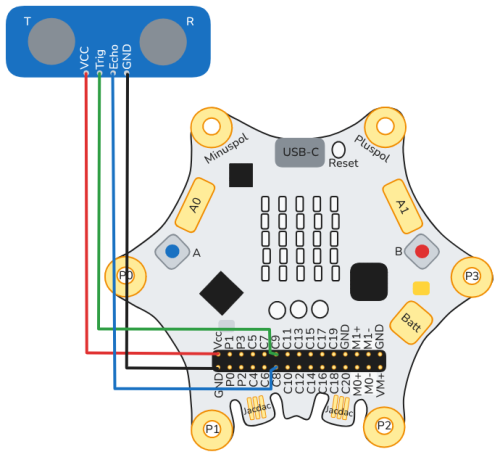Schaltskizze zum Anschluss des HC-SR04 mit Jumper-Kabeln am Calliope. schaltskizze-calliope-hc-sr04