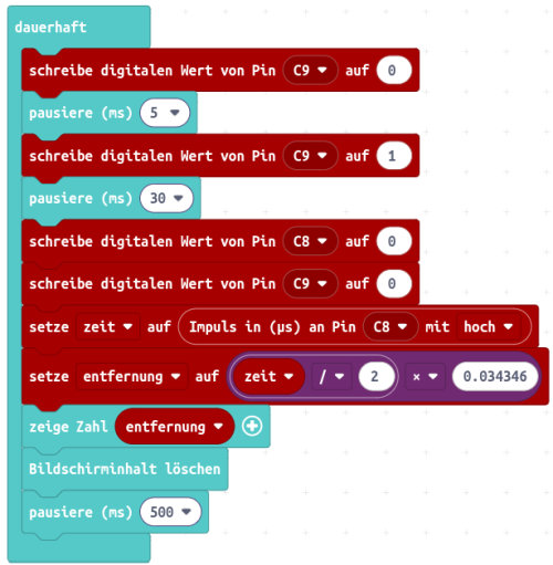 Programm zur Ermittlung des Abstands mit dem HC-SR04 (Erklärung im Text). makecode-pulseIn-ultraschall-test