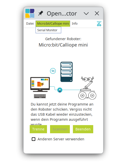 Öffnen des seriellen Monitors im Open Roberta Connector. serial-monitor-starten
