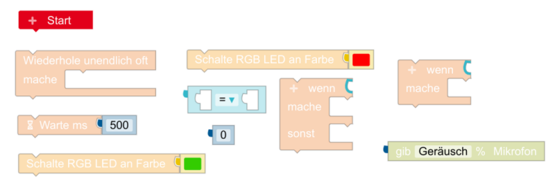 Blöcke zum Programmieren der Lärmlampe. Die Argumente dürfen angepasst werden. Die Blöcke dürfen mehrmals verwendet werden. befehle-zur-laermlampe