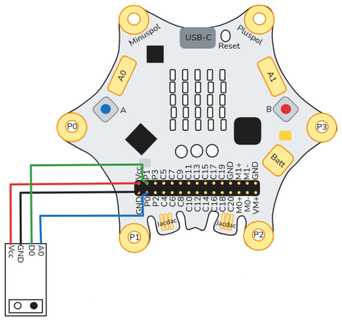 Schaltskizze zum Anschluss des Sensors TCRT5000 am Calliope. schaltskizze-calliope-infrarot-tcrt5000